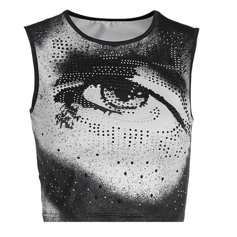 Damen Cropped Tanktop mit strahlendem Augenmotiv und glitzernden Akzenten EB