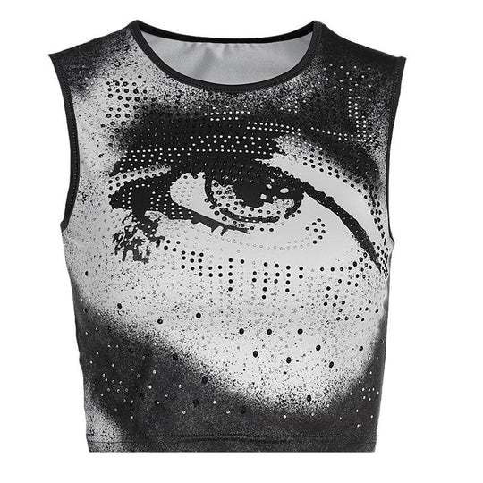 Damen Cropped Tanktop mit strahlendem Augenmotiv und glitzernden Akzenten EB