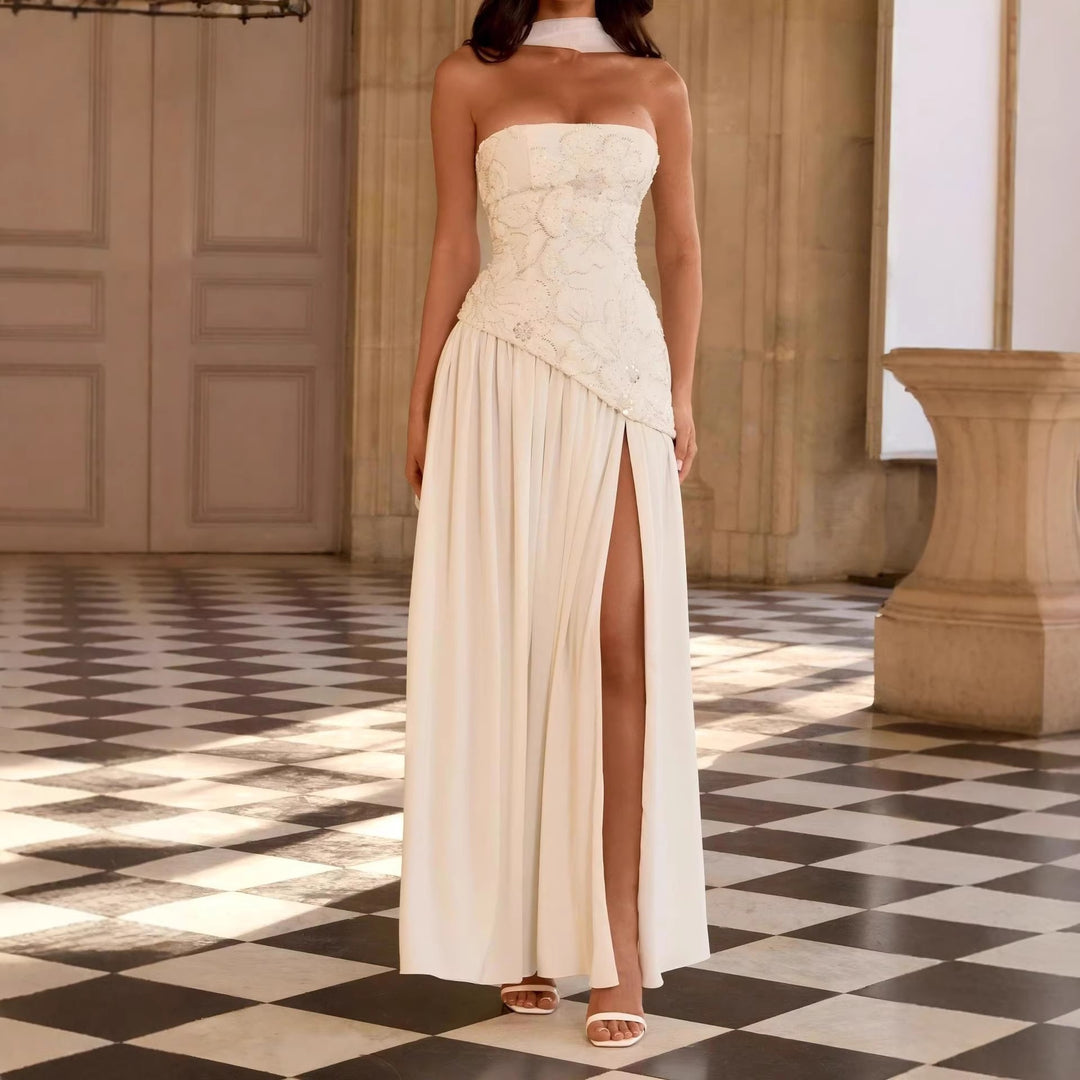 Damen Strapless Abendkleid mit seitlichem Schlitz und floralen Applikationen EB