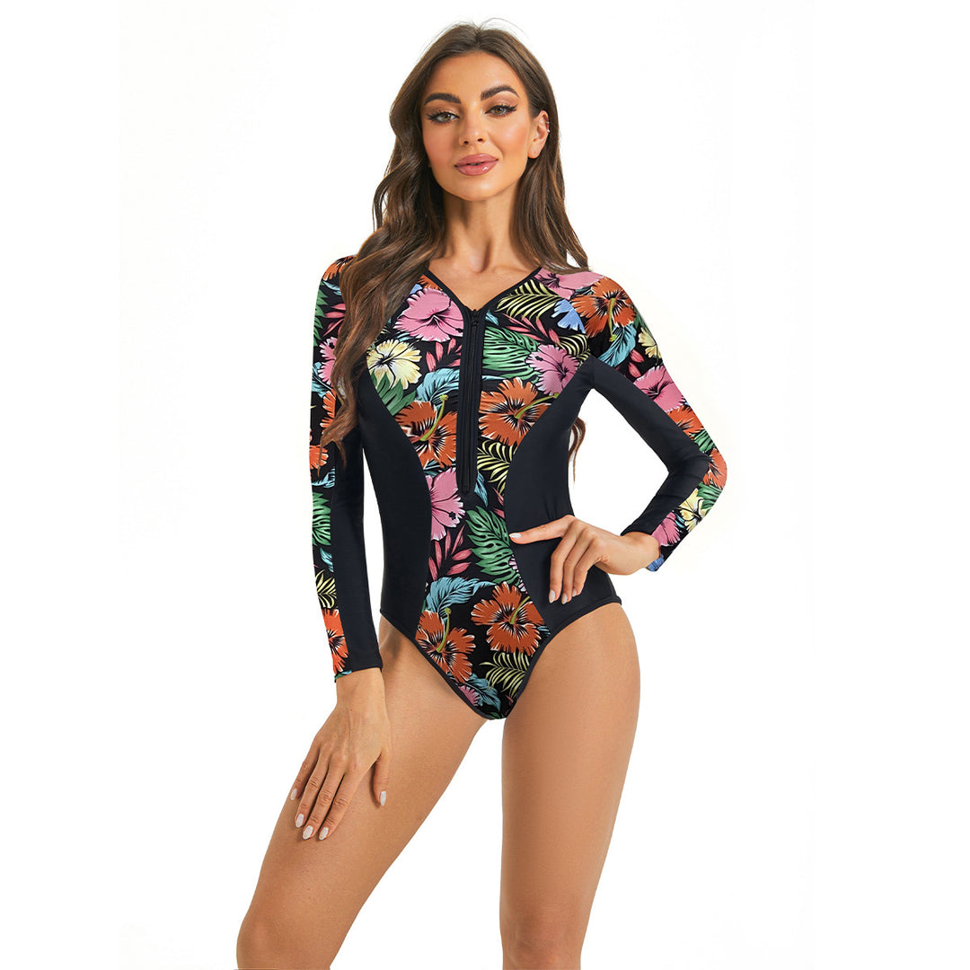 Damen Sportlicher Langarm Badeanzug mit floralem Grafikdesign EB