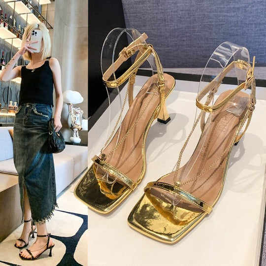 Damen elegante Absatzsandalen mit verziertem Riemendesign EB