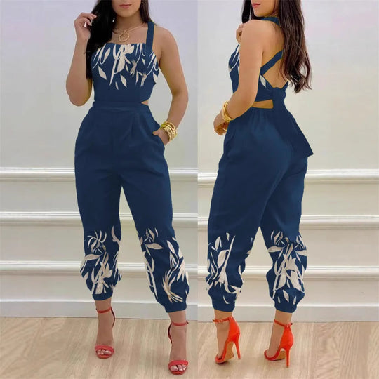 Damen modisches Jumpsuit mit floralem Design und tiefem Rückenausschnitt EB