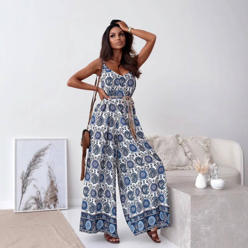 Damen Jumpsuit mit floralem Design und weit geschnittene Beinen EB