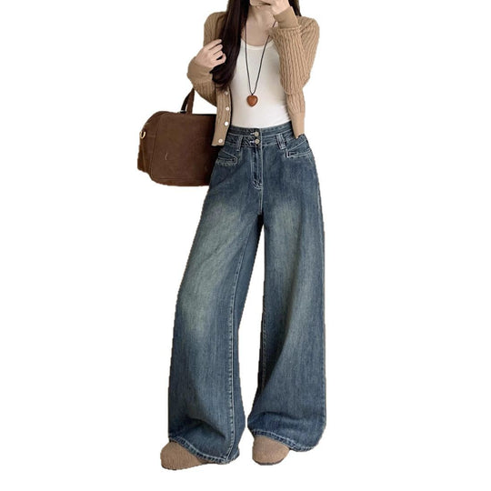 Damen Bequeme High-Waist Weitjeans mit Knopfdetail und modernen Taschen EB