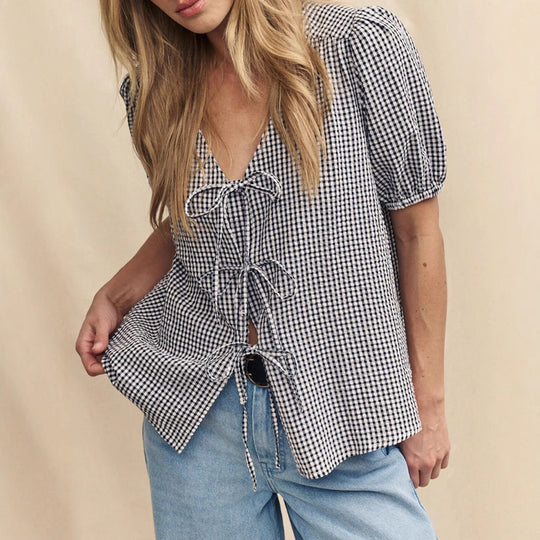 Damen Bluse mit Knoten-Detail und Puffärmeln EB