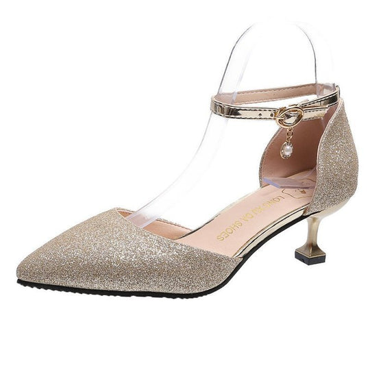 Damen elegante Glitzerpumps mit transparentem Riemen und goldener Fessel EB