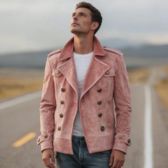 Herren nan doppeltreihige Vintage-Lederjacke mit Reverskragen und Schulterpatten EB
