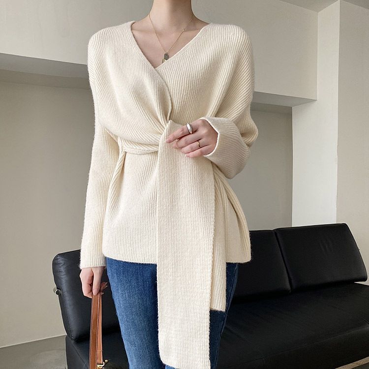 Damen Wickelpullover mit lässigem Schnitt und modischen Bindebändern EB