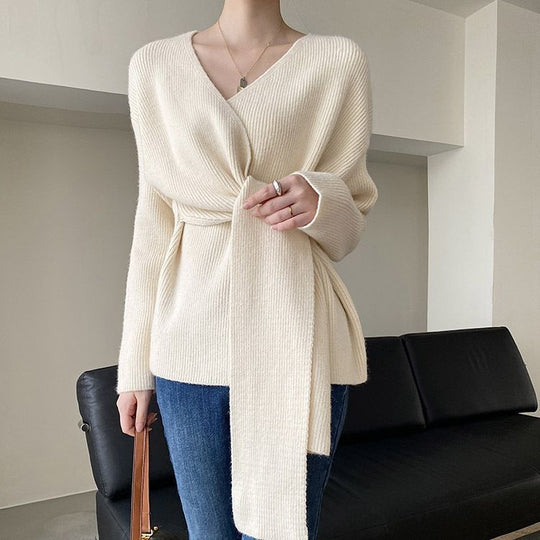 Damen Wickelpullover mit lässigem Schnitt und modischen Bindebändern EB