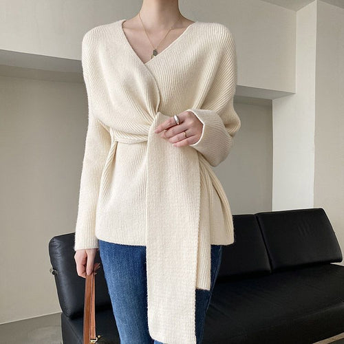 Damen Wickelpullover mit lässigem Schnitt und modischen Bindebändern EB