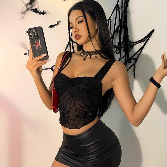Damen nan transparentes Netz-Crop-Top mit Spinnennetz-Print, taillierter Silhouette und breiten Trägern EB