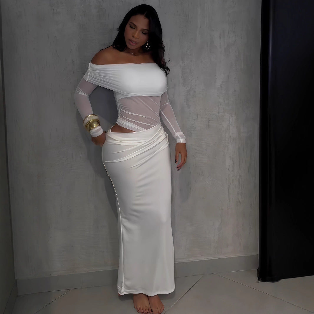 Damen Maxi-Kleid mit schulterfreiem Design und eleganter Drapierung EB
