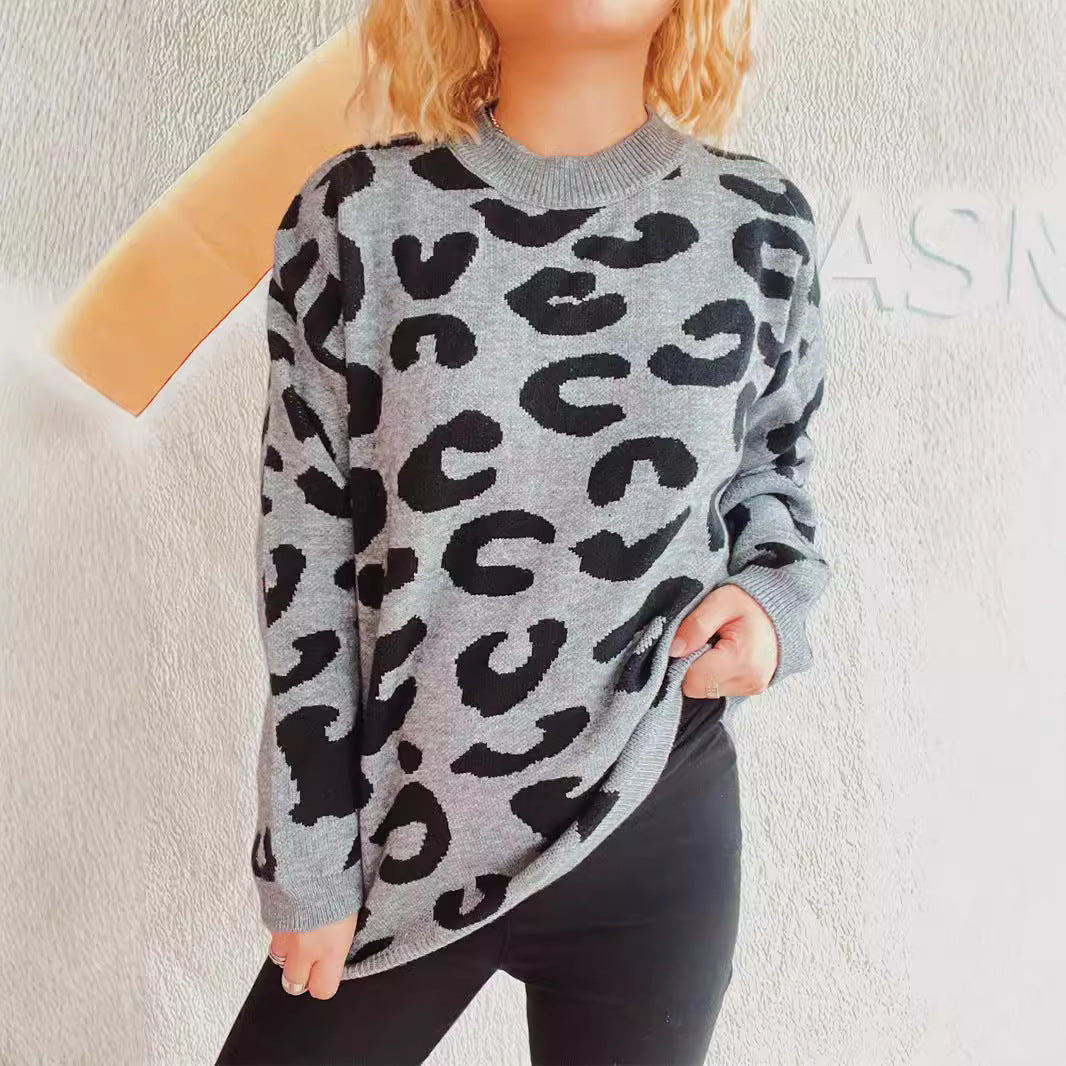 Damen gemütlicher Pullover im modernen Leopardenmuster EB