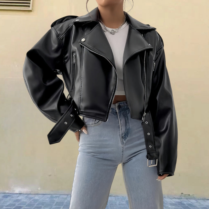 Damen modische Kunstlederjacke im Biker-Stil mit strukturiertem Design EB