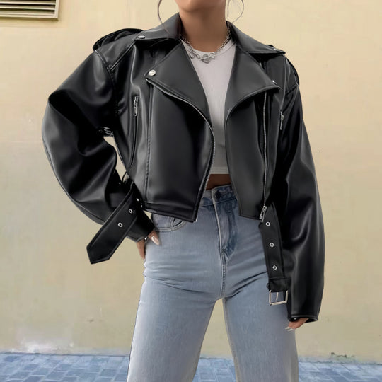 Damen modische Kunstlederjacke im Biker-Stil mit strukturiertem Design EB