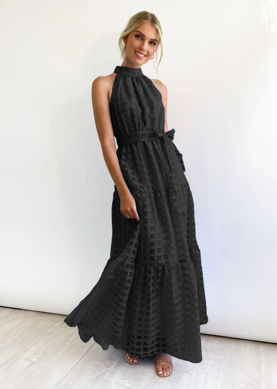 Damen Maxikleid mit raffiniertem Hochkragen und gestuftem Design EB