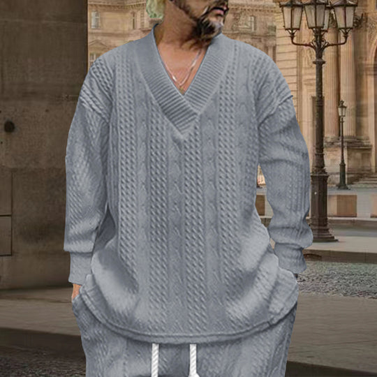 Herren nan grob gestrickter V-Ausschnitt-Pullover mit Zopfmuster und relaxed Fit EB
