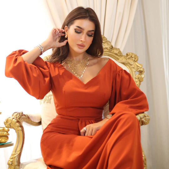 Damen Elegantes Maxikleid mit voluminösen Ärmeln und taillierter Drapierung EB
