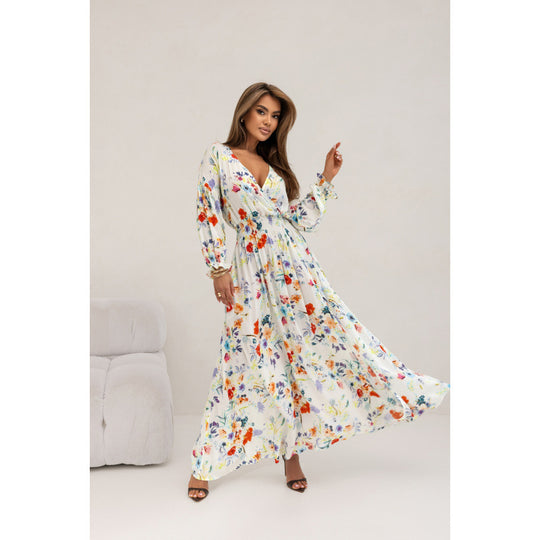 Damen Maxikleid mit tiefem V-Ausschnitt und voluminösen Ärmeln EB