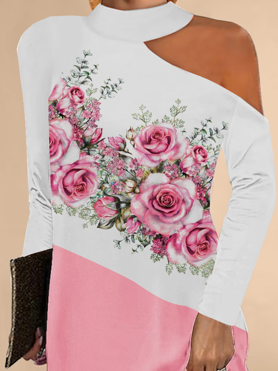 Damen asymmetrisches Blusenkleid mit floralem Motiv und elegantem Halsschnitt EB