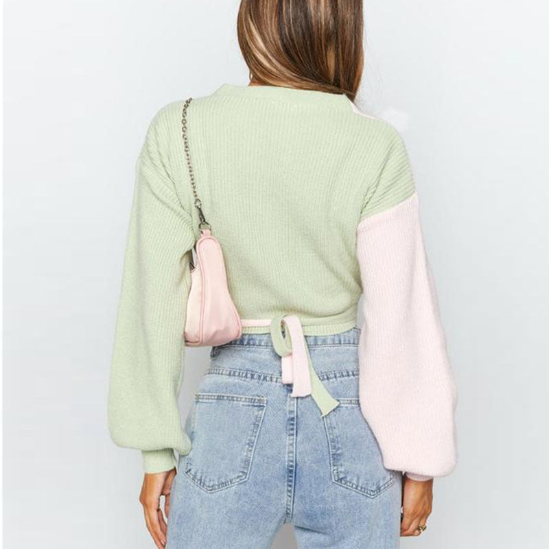 Damen Eleganter V-Ausschnitt Pullover mit farblich abgesetzten Ärmeln und strukturierter Oberfläche EB