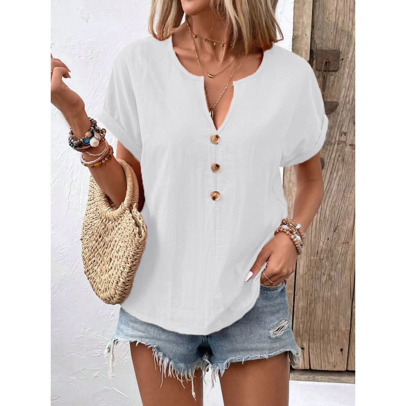 Damen lässige Bluse mit Knopfleiste und rundem Ausschnitt EB