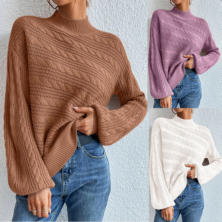 Damen Strickpullover mit hohem Kragen und dekorativem Zopfmuster EB