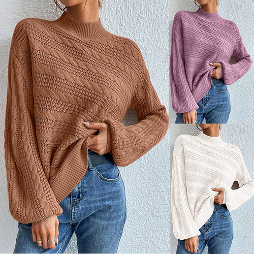 Damen Strickpullover mit hohem Kragen und dekorativem Zopfmuster EB