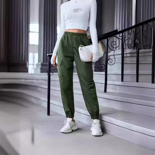 Damen Freizeit-Cargo-Hose mit elastischem Bund und praktischen Taschen EB