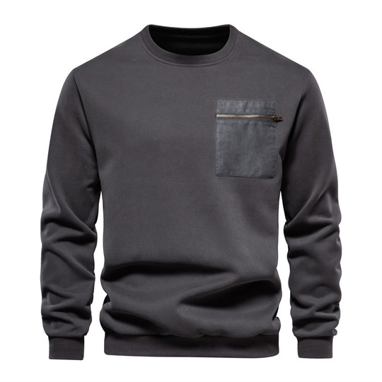 Herren nan Sweatshirt mit Rundhalsausschnitt, aufgesetzter Brusttasche mit horizontalem Reißverschluss und geripptem Saum EB