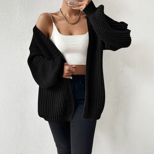 Damen nan Oversize-Strickcardigan mit grobem Waffelstrick, offener Front und voluminösen Ballonärmeln EB