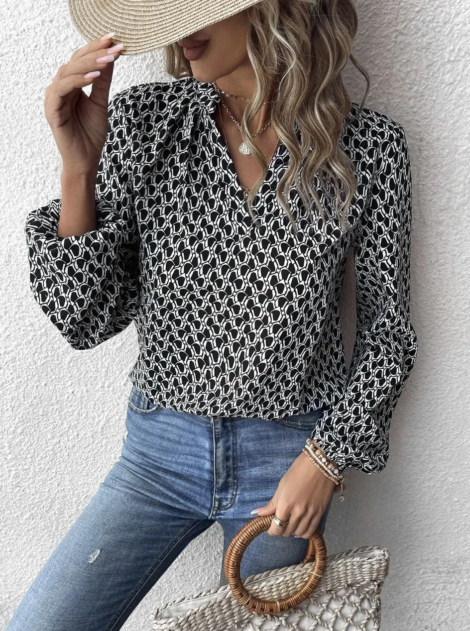 Damen Gemusterte Viskose-Bluse mit Stehkragen und Ballonärmeln EB