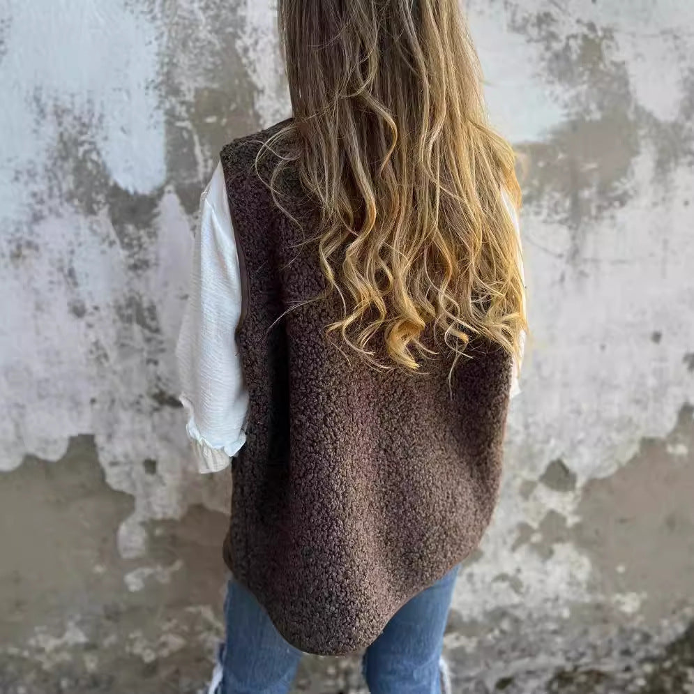 Damen Flauschige Weste mit Knöpfen EB