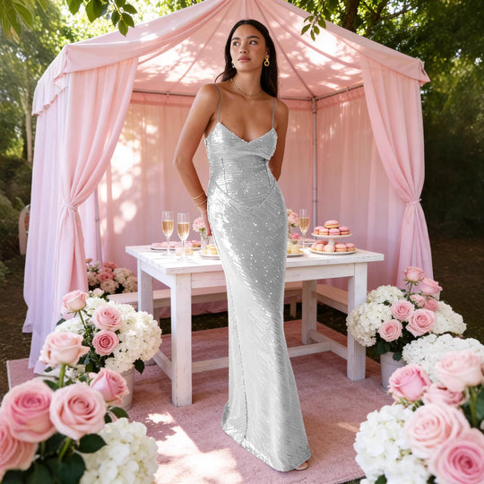 Damen Elegantes Abendkleid mit funkelnden Pailletten und tiefem V-Ausschnitt EB