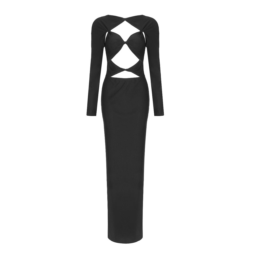 Damen Elegantes Cut-Out-Maxikleid mit langen Ärmeln und tiefem Ausschnitt EB