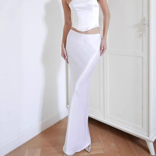 Damen Elegante Satin-Maxirock mit hohem Schlitz und taillierter Passform EB