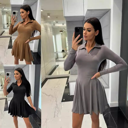 Damen Sportliches Kleid mit Polokragen und schwingendem Rock EB