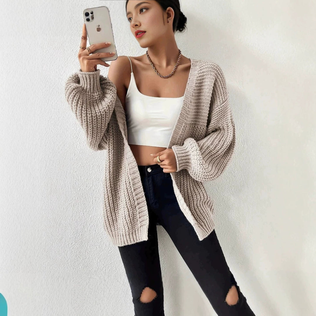 Damen nan Oversize-Strickcardigan mit grobem Waffelstrick, offener Front und voluminösen Ballonärmeln EB