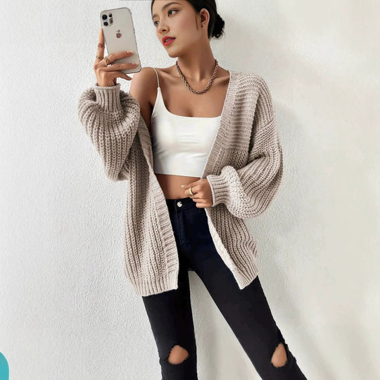 Damen nan Oversize-Strickcardigan mit grobem Waffelstrick, offener Front und voluminösen Ballonärmeln EB