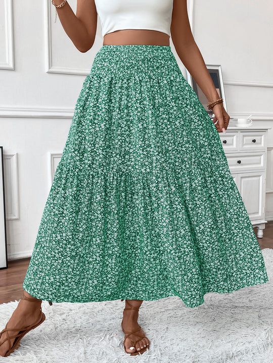 Damen Langer Rock mit floralem Print und elastischem Bund Heidi Mode
