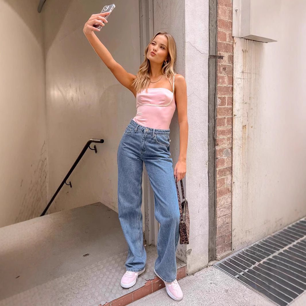 Damen Hohe Taille Jeans mit weitem Bein und klassischem Schnitt EB