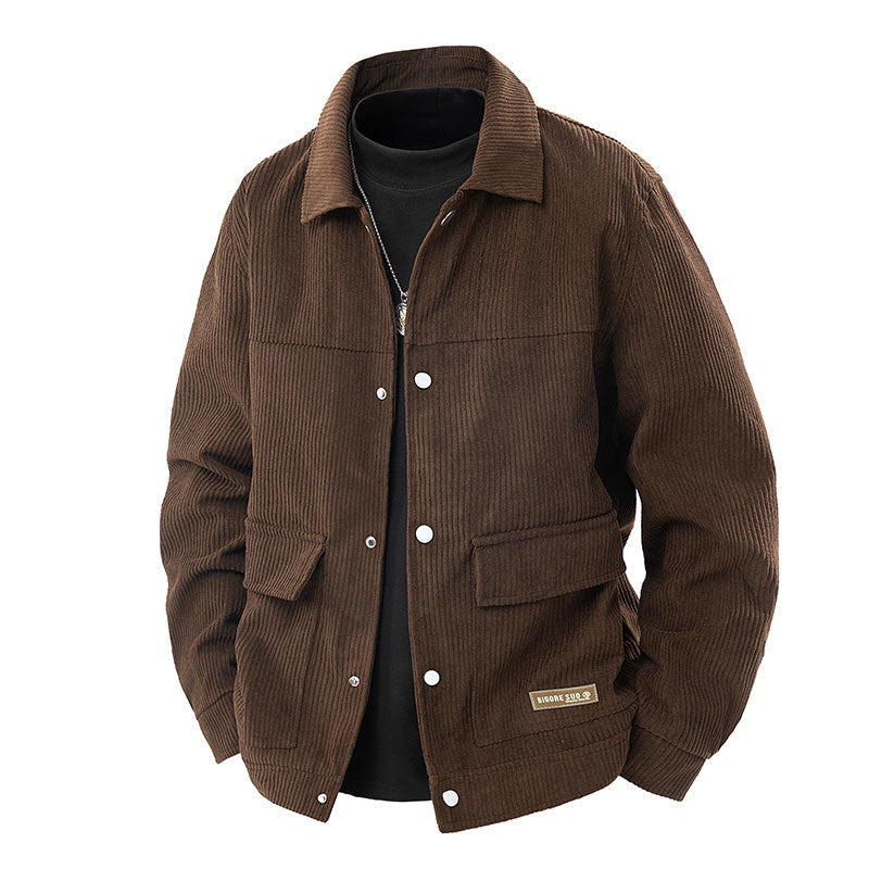 Men's  relaxed corduroy chore jacket with patch flap pockets and metal snap front EB