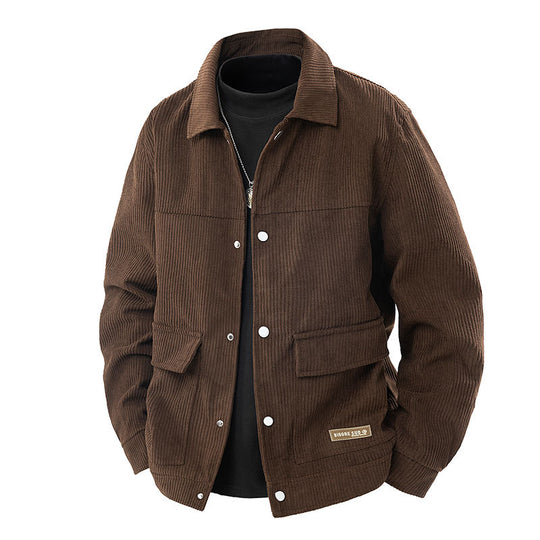 Men's  relaxed corduroy chore jacket with patch flap pockets and metal snap front EB