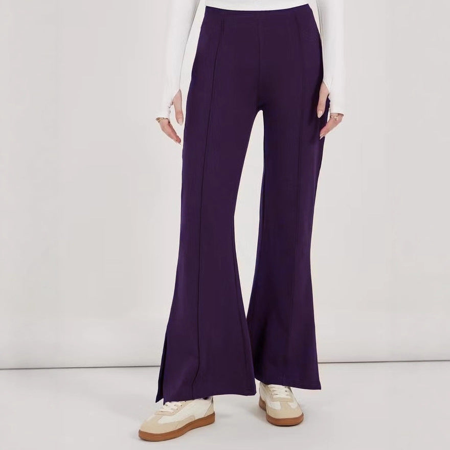 Damen weite Flared-Hose aus strukturiertem Material mit seitlichen Schlitzen EB
