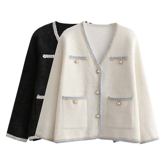Damen elegante Strickjacke mit dekorativen Perlenknöpfen und praktischen Taschen EB