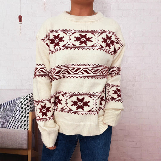 Damen Winterpullover mit festlichem Schneemuster und weichem Strick EB