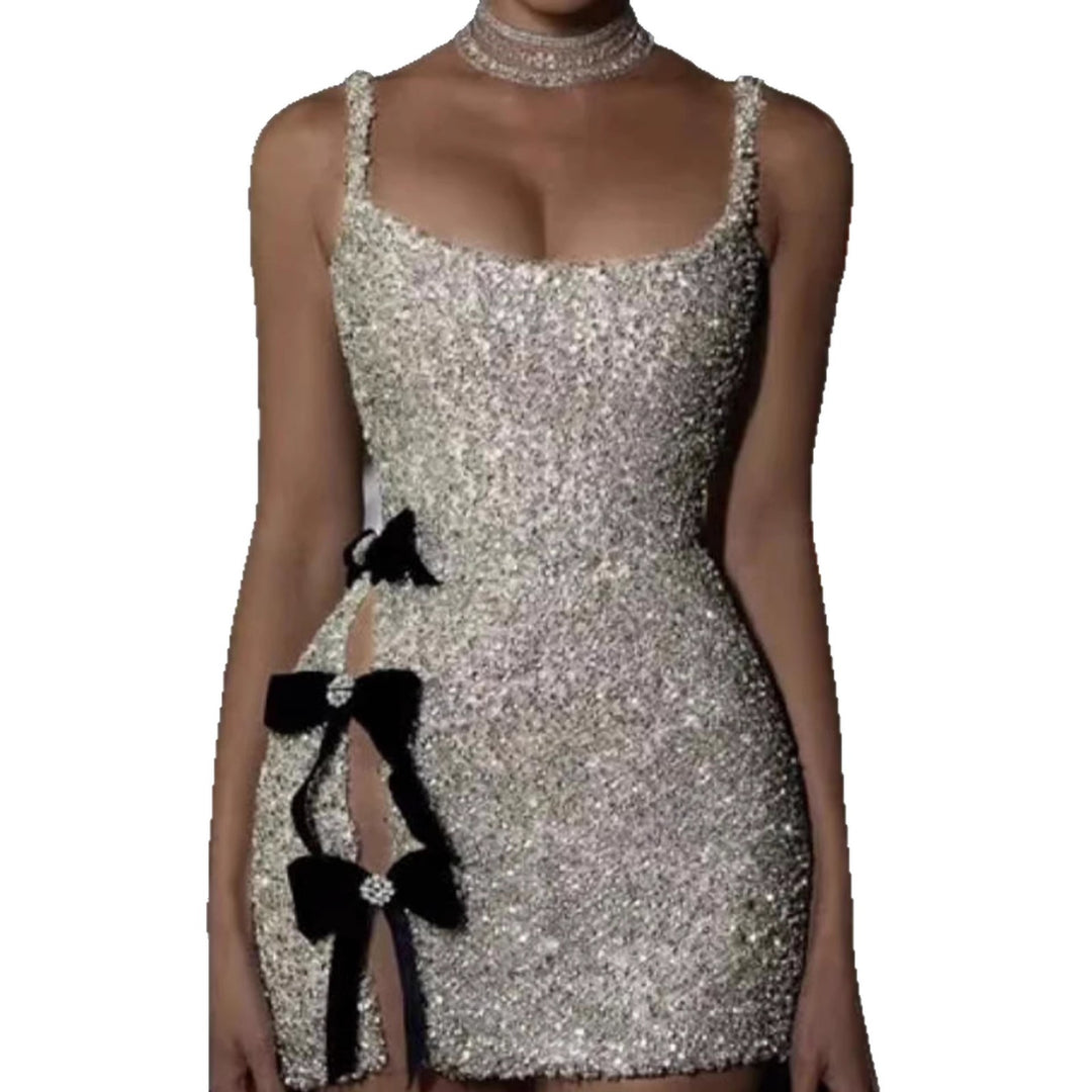 Damen Glamouröses Pailletten-Minikleid mit süßen Schleifen und figurbetontem Design EB