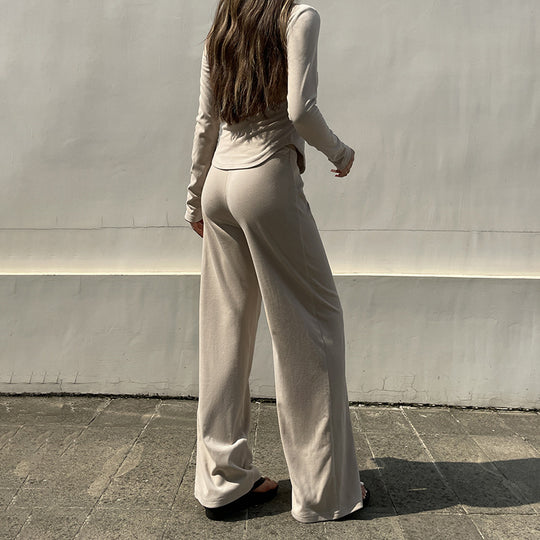 Damen nan legerer Palazzo-Loungehose mit Umschlagbund und weichem Baumwollstretch EB