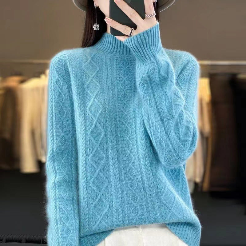 Damen Hochwertiger Strickpullover mit Stehkragen und Zopfdesign EB
