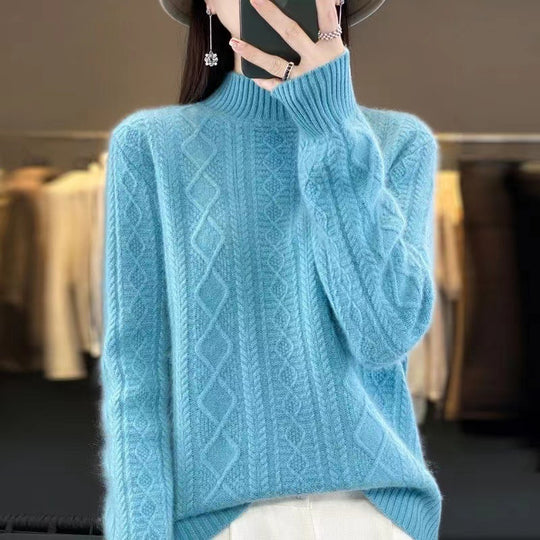 Damen Hochwertiger Strickpullover mit Stehkragen und Zopfdesign EB